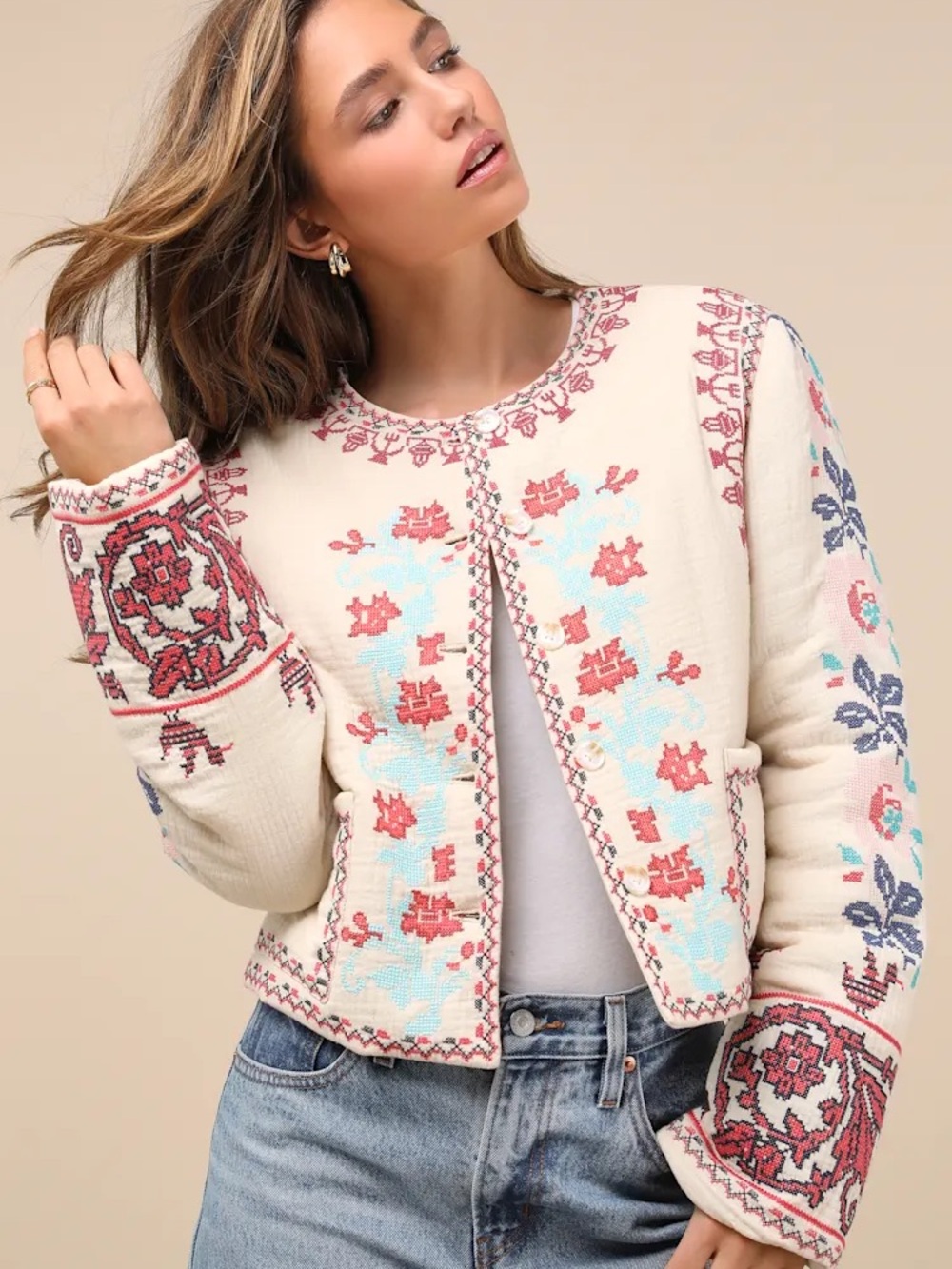 Lulu's Cream Embroidered Floral Teddy Jacket with Coral & Sky Blue Accents